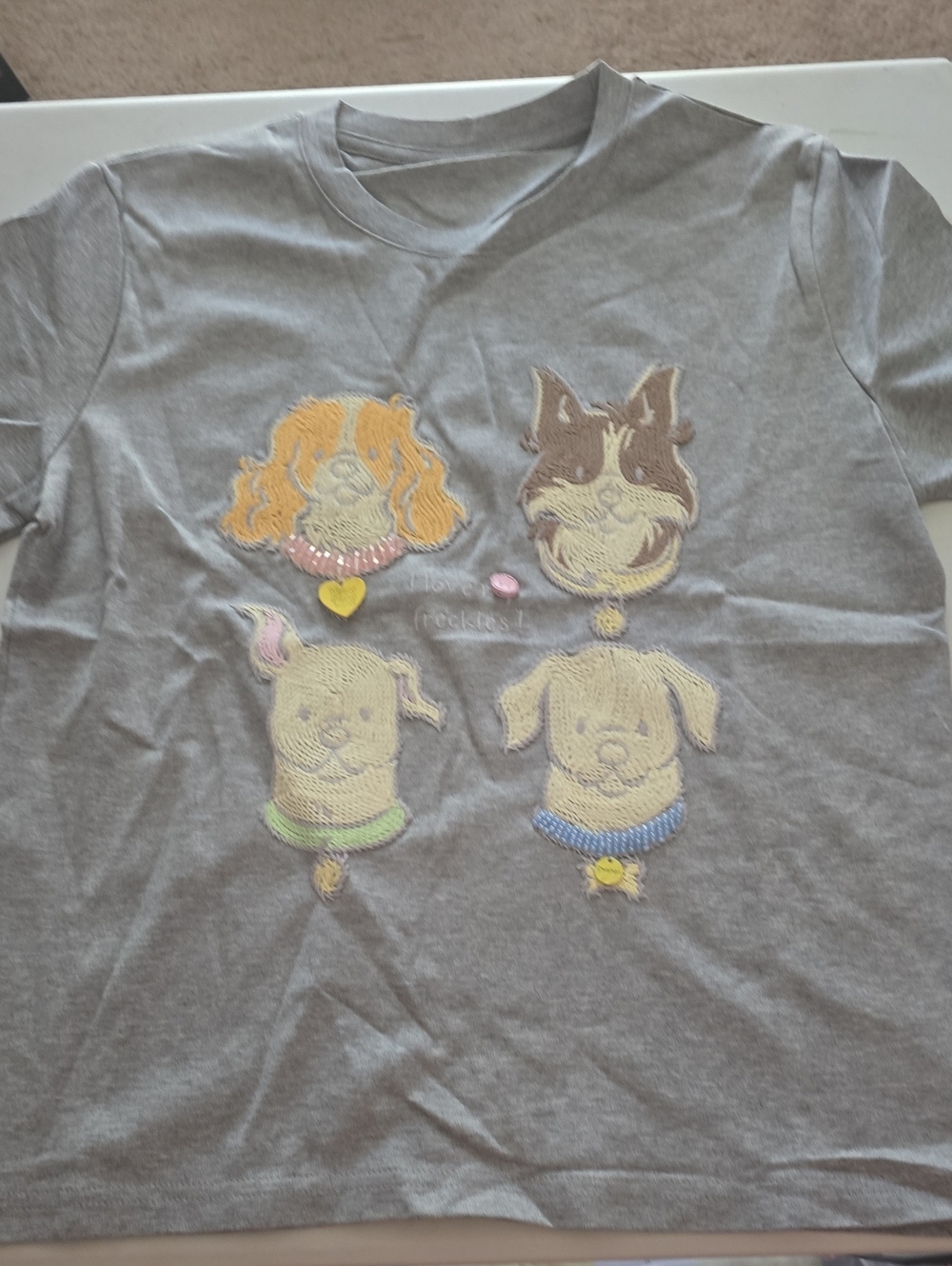 Gray Short Sleeve Tee with Pastel Puppy Embroidery